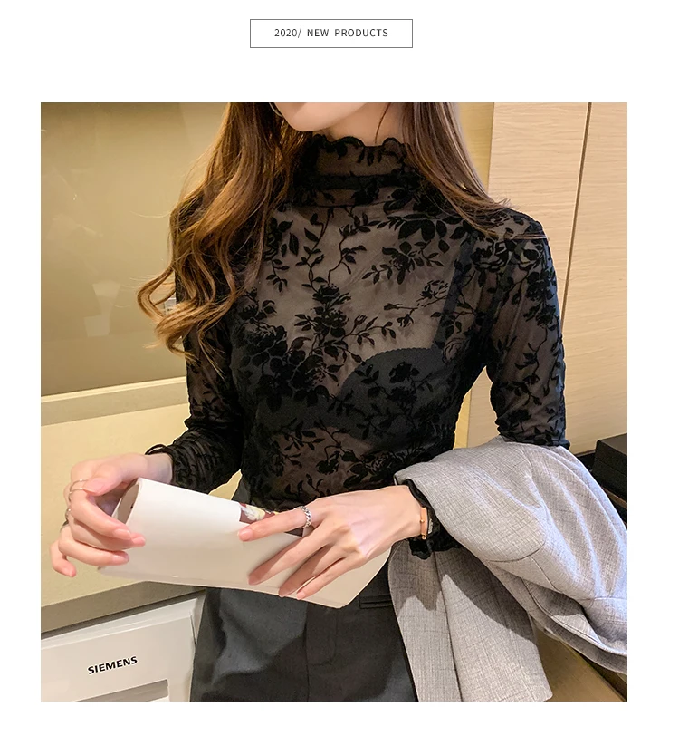 Korean Fashion Mesh Women Blouses Office Lady Shirt and Blouse Long Sleeve Floral Blusas Largas Loose Womens Sexy Tops