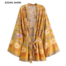 Новые женские богемные желтые с v-образным вырезом с цветочным принтом кимоно рубашка праздник Пляж Tide лук пояса средней длины кардиганы, блузы