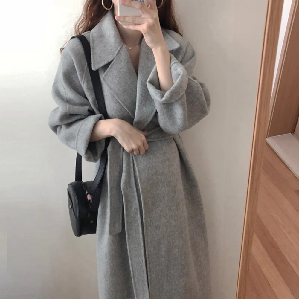 OMILKA Осень Зима длинное шерстяное пальто женское серое бежевое винтажное ленивое стильное корейское кашемировое негабаритное длинное шерстяное пальто