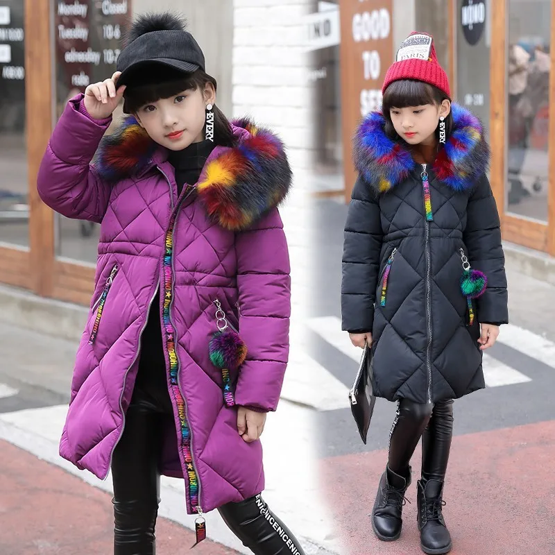 

Winter Children Warm Clothes Parka Multicolour Fur Collar Jacket -30 Degrees Fashion Girls Clothing Cotton-padded Outerwear Coat