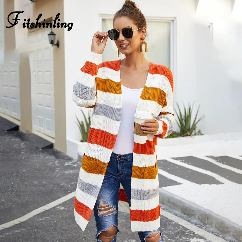 

Fitshinling 2019 Boho Striped Long Cardigan Knitted Jackets Women Pockets Multicolor Slim Sweaters Cardigans Winter Coats Sale