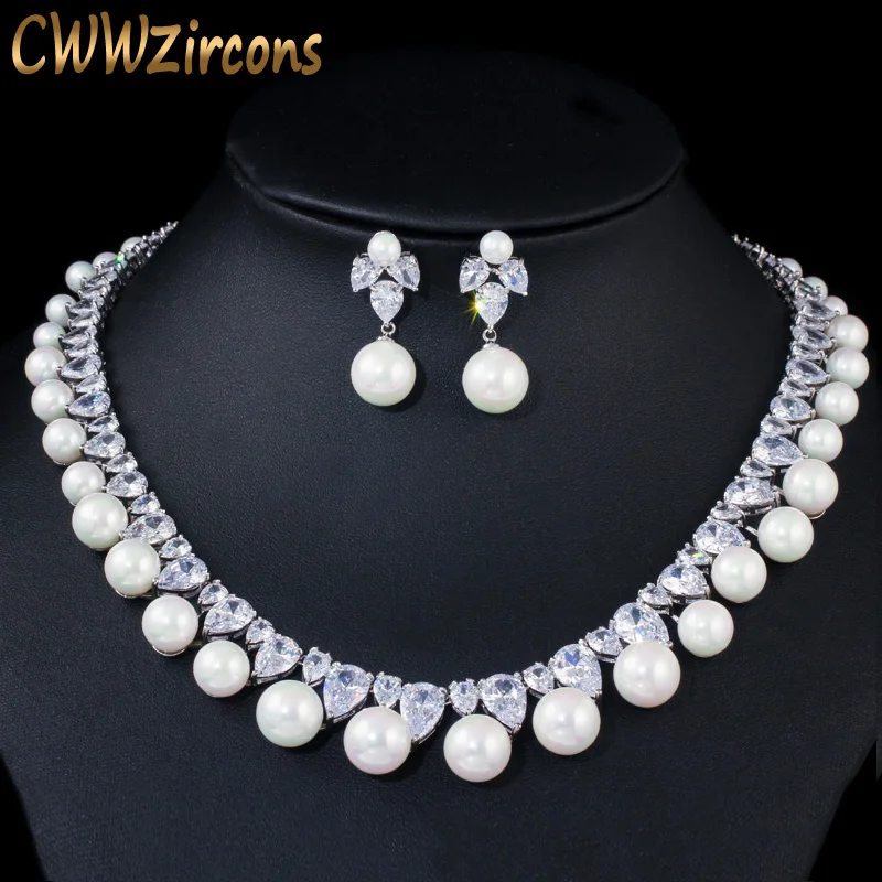 CWWZircons Искрящийся фианит вымощенный круглый большое свадебное Жемчужное ожерелье серьги-гвоздики наборы для женщин вечерние T366