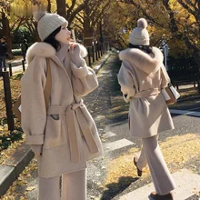 

Zoulv 2021 Winter Long Cashmere Hooded Cap Outerwear Women Cashmere Coats Double Side Wool Coat Big Fox Fur Collar Overcoat