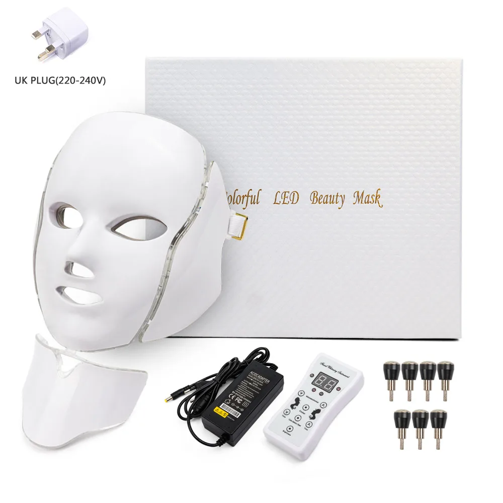 Светодиодная маска для лица, 7 цветов, светодиодная Корейская фотонная терапия, маска для лица, машинный светильник, терапия акне, маска для шеи, красивая светодиодная маска - Цвет: UK PLUG WITH BOX
