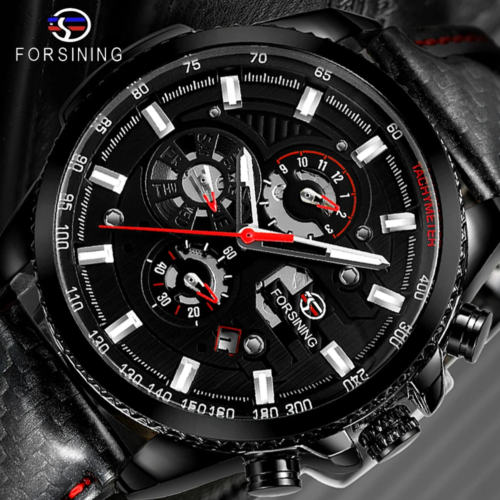 

Forsining Watch Men Sport Mechanical Wristwatch Automatic Self-Wind Clock Date 3 Dials Shiny Leather Business Waterproof Relogio