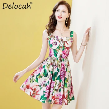 

Delocah Summer Women Fashion Runway Party Short Dress Sexy Spaghetti Strap Floral Print Female Holiday Cotton Dresses vestidos