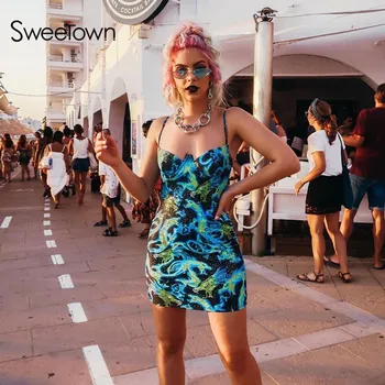

Sweetown Chinese Style Print Women Mini Dress Strap Backless Bodycon Sexy Party 2020 Summer Fashion V Neck Skinny Rave Outfit