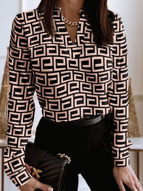 Shein Camiseta estampado geométrico para Mujer, Tops informales manga larga con cuello en V, Camisetas para 2022| | - AliExpress