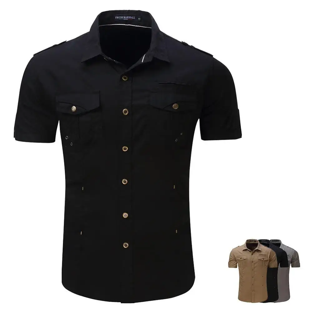 Черный Cotton Solid Short Sleeve Shirts Work Shirt For Male Plus Size Lapel Shirt Short Sleeve Male Camisa Home Leisure Shirt#xin - Цвет: Черный