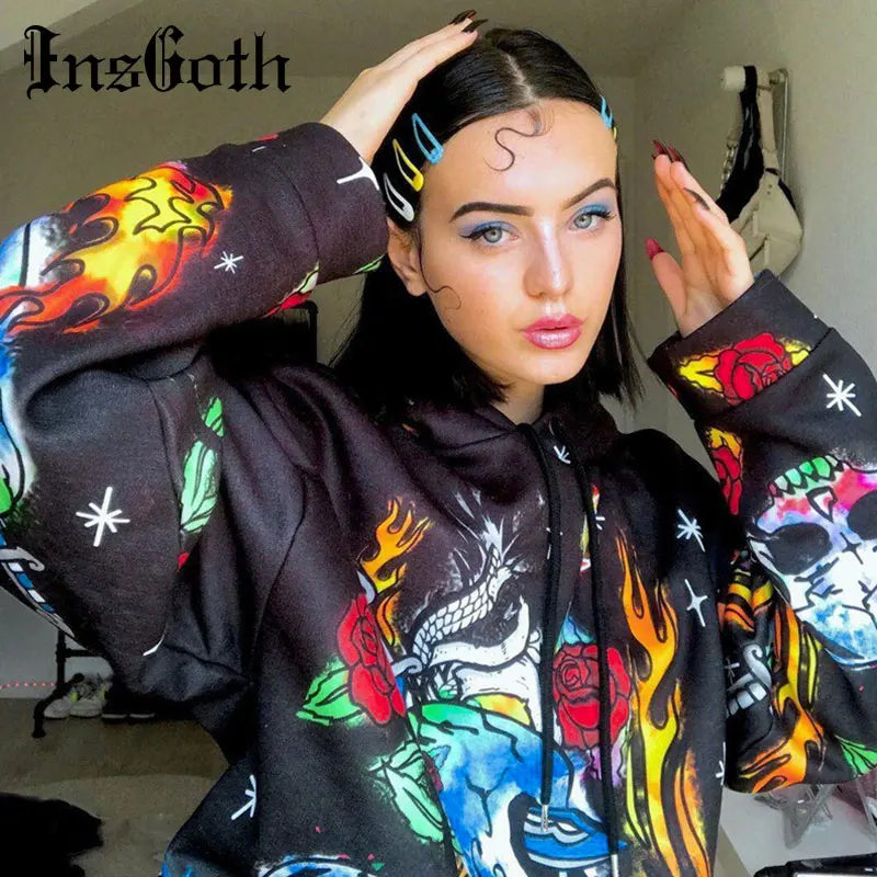 InsGoth Женская Толстовка Harajuku мультфильм печатных черный белый цвет свободный