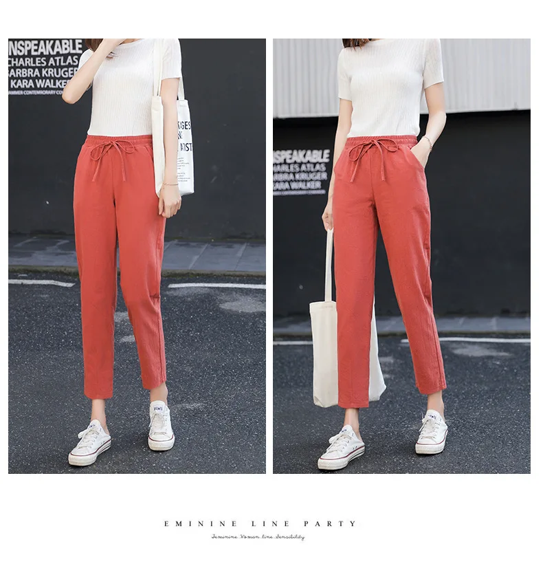 Spring Cotton Linen Pants Plus Size Loose Women Ankle Length Harem Pants Pocket Elastic High Waist Casual Trousers Orange Black