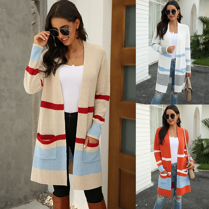 

BONJEAN Winter Fashion Sweater Women 2020 Plus Size Splice Knitted Long Sweater Solid color Jacket V-neck Cotton Warm Cardigan