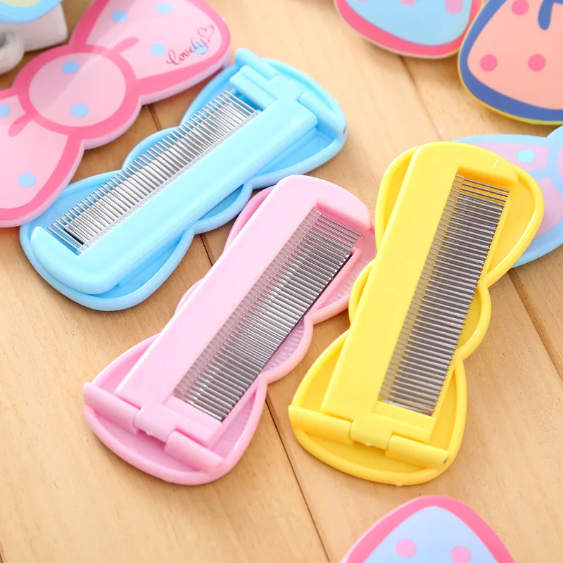 0757 Cute Cartoon Ribbon Comb Makeup Mirror Students Creative Set Folding Portable Small Mirror