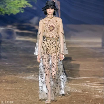 

Spring And Summer Sexy Lace Tulle Flower Embroidery Boho Dress High Quality Women'S Designer Fashion Catwalk Party Maxi Dresses