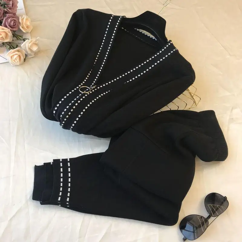 lounge wear Women 2 Piece Set Spring Autumn Womens Clothing Fashion V Neck Zipper Sweater And Slim Pants Knitted Two Piece Outfit Femme coord sets women Women's Sets