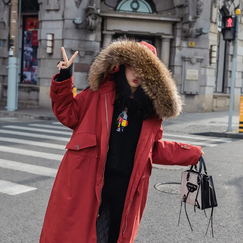 

Photo Shoot South Korea CHIC Large Fur Collar Waist Hugging Drawstring Hooded Cotton-padded Clothes Women's Winter over-the-Knee