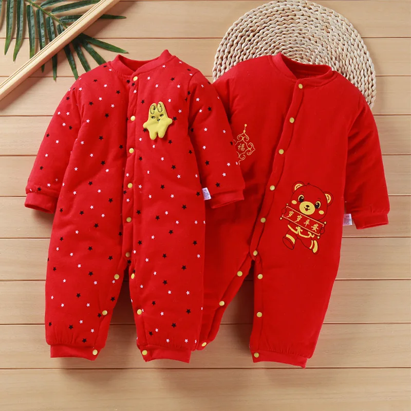 

2018 Babies' Cotton-padded Clothes Crawling Clothes Antarctic Cotton Onesie Chinese Red Romper by Watching Festive Red Crawling