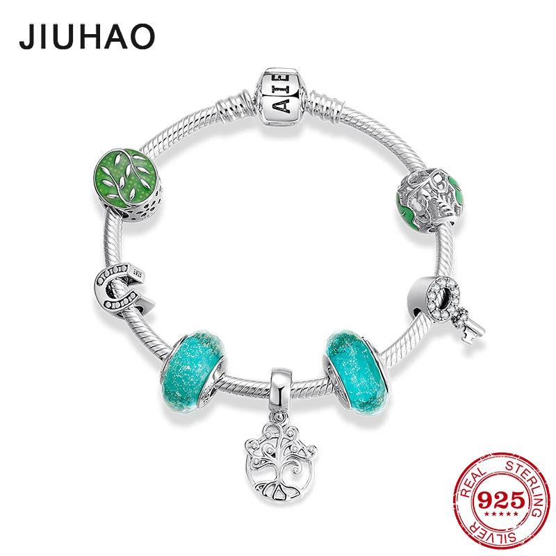 Новинка, 925 пробы, серебряные, зеленые стеклянные бусы, амулеты, древо жизни, подвески, Модный женский браслет, браслеты, роскошные ювелирные изделия, подарок