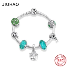 Новинка, 925 пробы, серебряные, зеленые стеклянные бусы, амулеты, древо жизни, подвески, Модный женский браслет, браслеты, роскошные ювелирные изделия, подарок