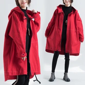 

[EWQ] 2020 Spring Autumn New Pattern Hooded Collar Long Sleeve Red Female Patchwork Loose Windbreaker Women Trench Coat AH149