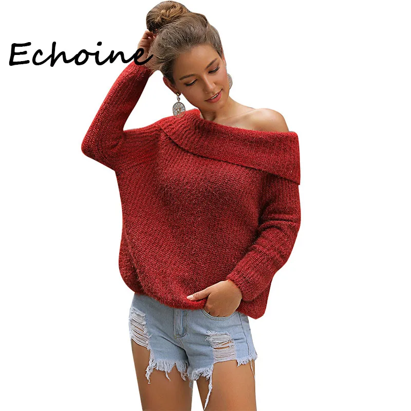 

Casual Autumn Winter Knitted Sweater Women Pullover Slash Neck Streetwear Long Sleeve Sweters Women 2019 Solid 3 Color