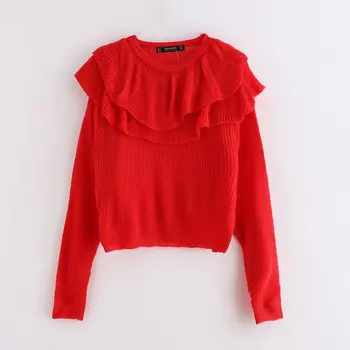 

2019 new autumn women solid color cascading ruffles short sweater ladies basic o neck pullovers casual chic sweaters tops S158