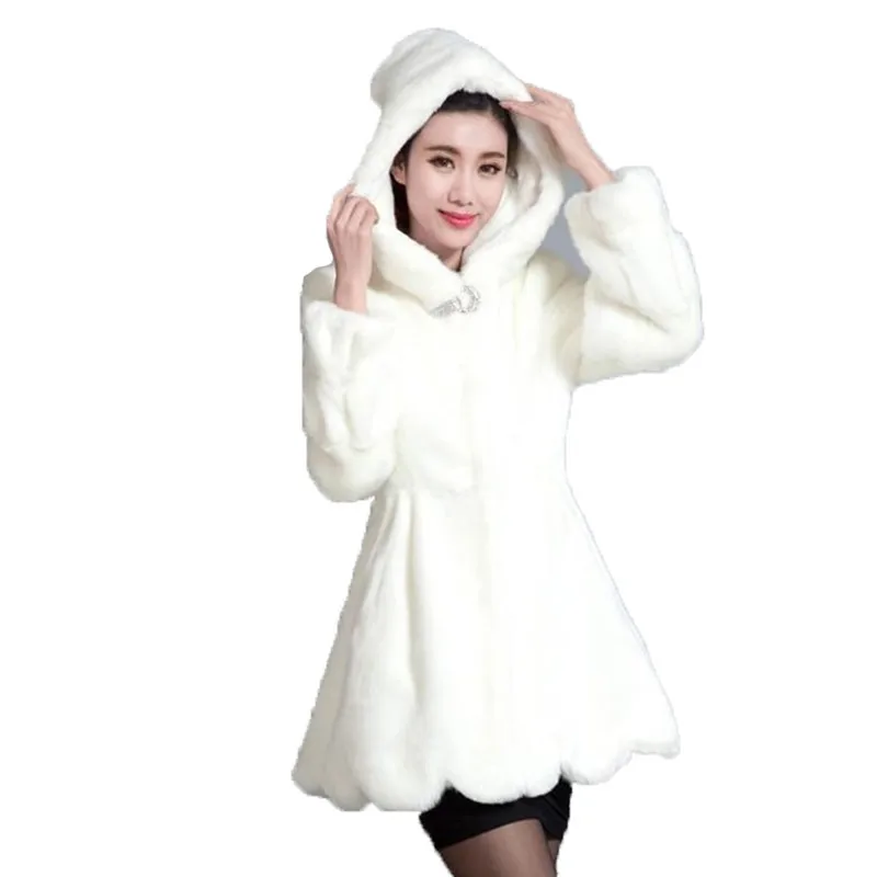 Женское пальто из искусственного меха, белый, черный, большие размеры, топы, Осень-зима, новинка, корейский стиль, длинный рукав, с капюшоном, высокая талия, теплая Модная куртка из искусственного меха, JD688 - Цвет: white