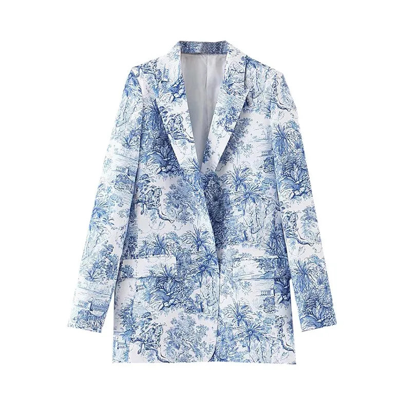 

Fall Women V-Neck Elegant Print Outwear Open Long Sleeve Causal Blazer