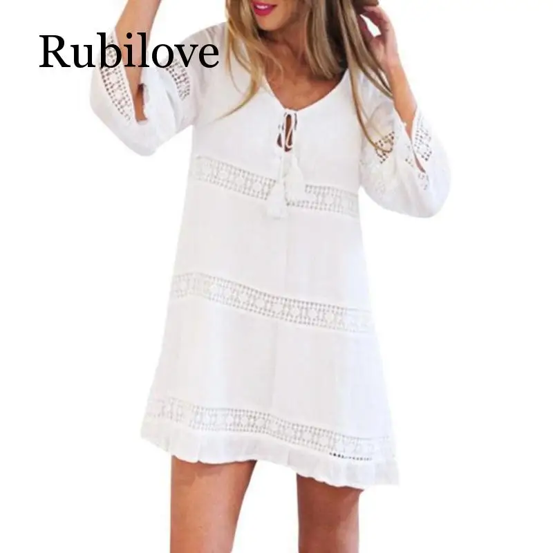 

2019 Summer Dress Women Fashion Lace Patchwork Beach Sundress Ladies 3/4 Sleeve Casual Loose Mini Party Dresses Vestidos