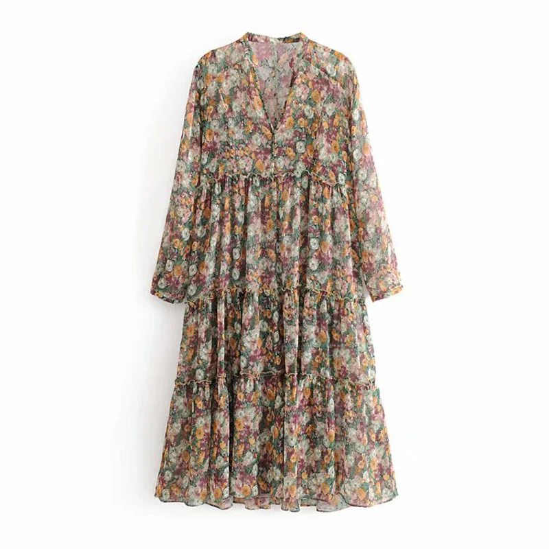 Vintage Elegant Floral Print Chiffon pleated Dress Women Fashion V Neck Long Sleeve Female Midi Dresses Vestidos Mujer - Цвет: as picture