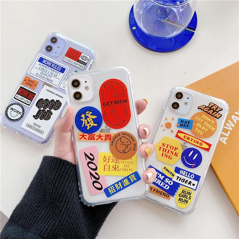 INS Smile Face Transparent Shockproof Good Job label phone case For iphone 11 Pro X XS XR 7 8 plus MAX soft silicon back Cover | Мобильные
