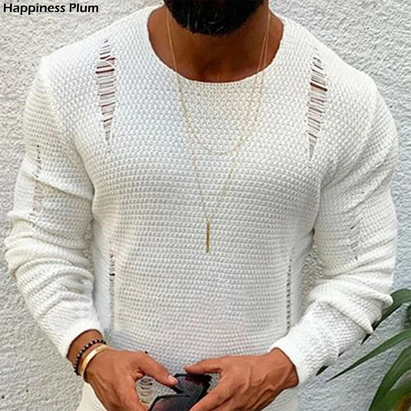 

Men Ripped Sweater Cotton Soft Male Winter Warm Knit Clothes Casual Cool Pullover O-Neck Long Sleeve Men Ripped Sweater
