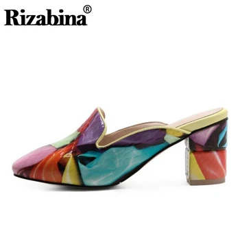 

RIZABINA Genuine Leather Print Women Slippers Square Toe Thick Heels Sandals Leisure Daily Summer Shoes Women Size 33-40