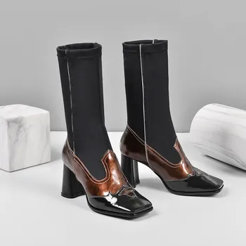 

Womens Square Toe Match Colors Ankle Boots Stretchy Socks Tube Block High Heel Shoes Genuine Leather 3Colors Luxury