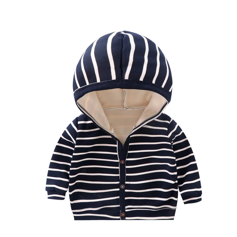 Весенне-осенний полосатый кардиган на пуговицах; одежда с бархатной подкладкой для новорожденных; пальто с длинными рукавами для маленьких девочек и мальчиков; топы; куртка