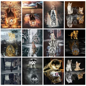

HUACAN Full Drill Diamond Painting Kits Cat Home Decoration Mosaic Animal Tiger Handmade Gift Diamond Art