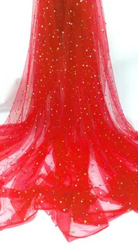 

2019 Red Beautiful African Lace Fabric/ High Quality Nigeria Mesh Lace/ French Tulle Beaded Lace Fabric For Fashion Dresses J562