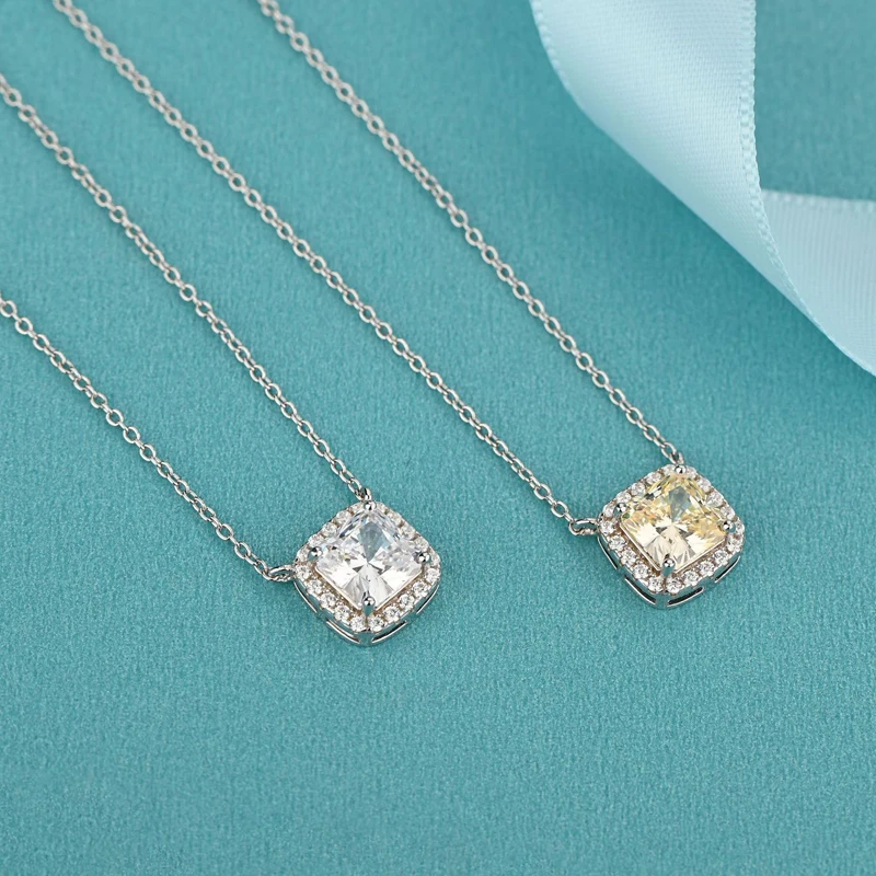 OEVAS 100% 925 Sterling Silver Square Pink Yellow Zircon High Carbon Diamond Pendant Necklace For Women Sparkling Fine Jewelry