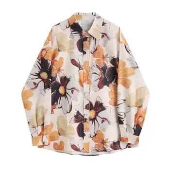 

Women's spring autumn long sleeve flower print chic shirt female plus size casual loose blouse top TB723