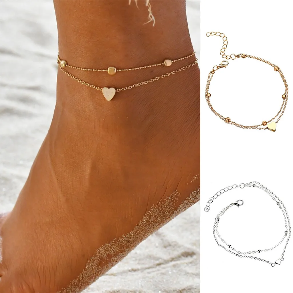 Ankle Bracelet Set Boho Jewelry Bohemian Gold Chains Infinity Double Heart Love Lock Charm Bracelets For Women Anklet FootD23# | Украшения