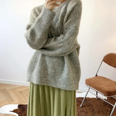 Осень-зима, женский свитер Kawaii, утолщенный, свободный, Bf, ленивые цветы, вязаный, эластичный джемпер, женский свитер - Цвет: Зеленый