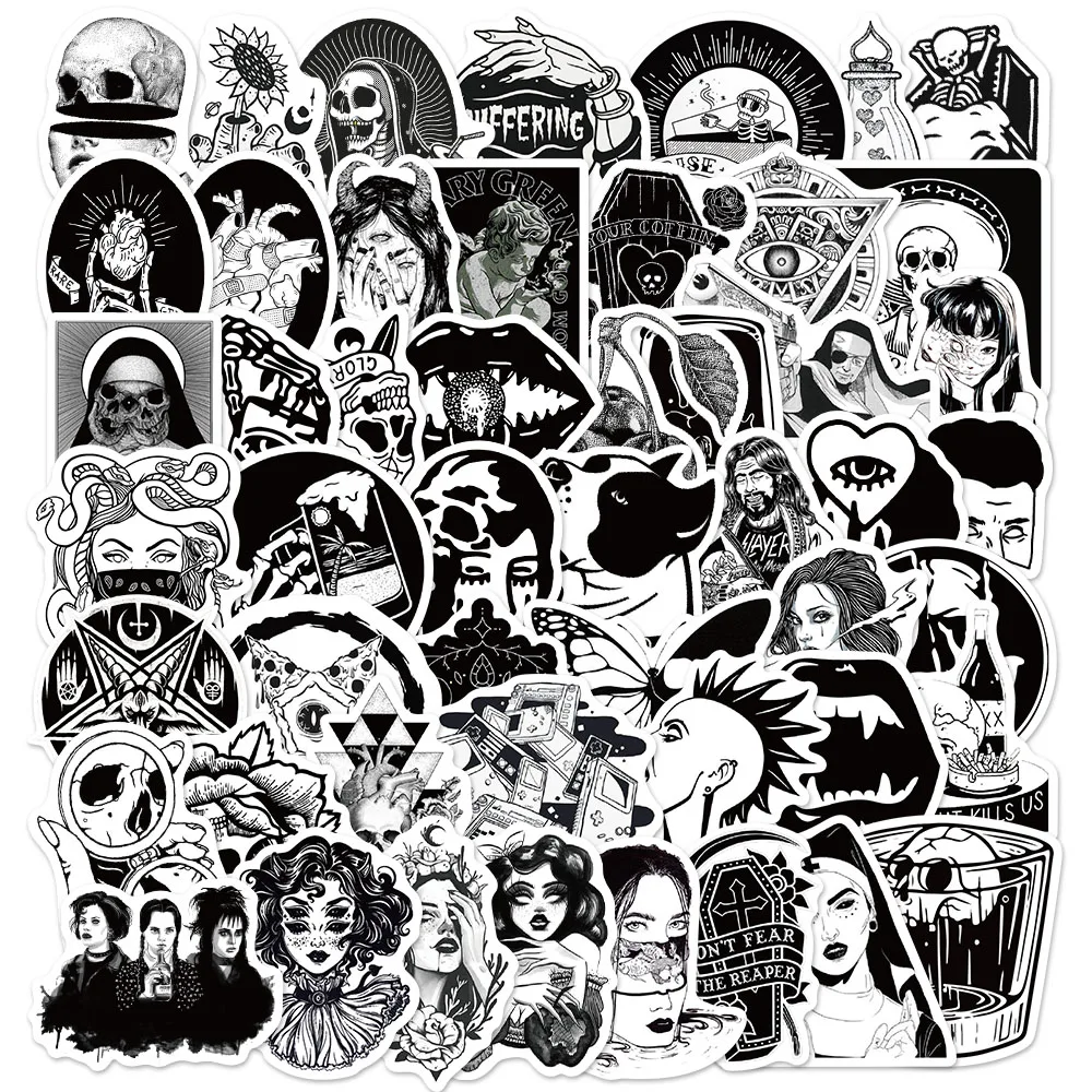 

50pcs Gothic Punk Style Waterproof PVC Black Graffiti Stickers for Notebook Skateboard Guitar Phone Water Cup Stickers