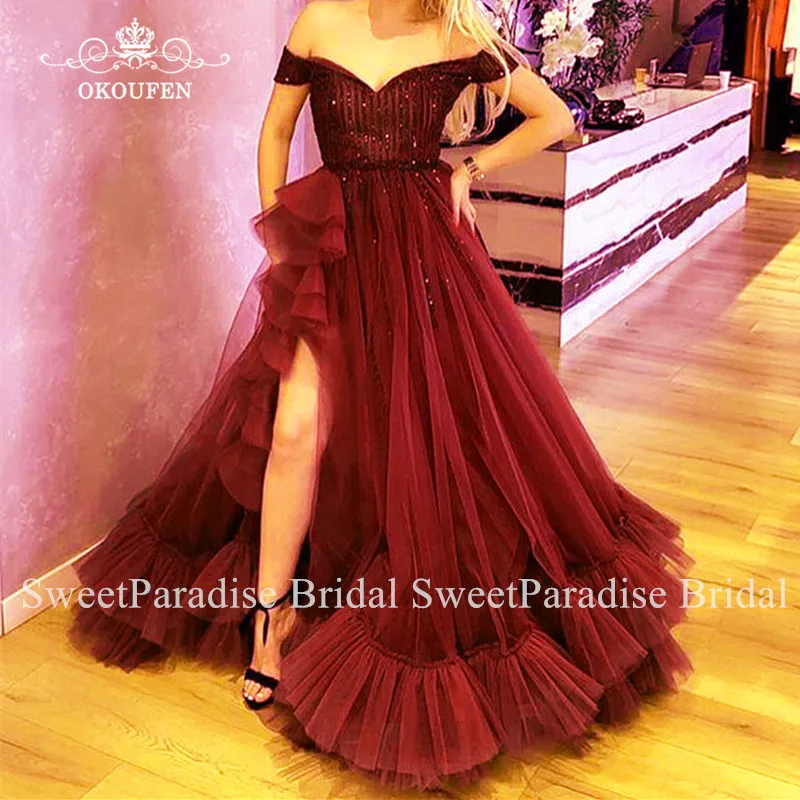 

Gorgeous Side Split Quinceanera Dresses Burgundy Tulle Beads Pleat Ruffles Puffy A Line Sweet 16 Vestidos De 15 Anos Party Dress