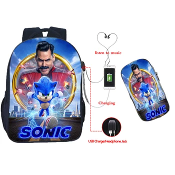

Cool Pattern Sonic USB Charge Backpack 2pcs Set Boys Girls Schoolbag Teens Bookbag Students Back to School Gift(Rucksack Pen Bag