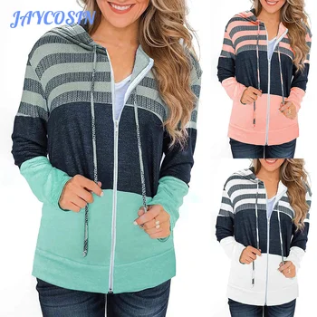 

JAYCOSIN Coat Women Zipper Hooded Jacke Fashion Autumn Coats And Jackets Women Stripe Patchwork Coat Female Jacket Coats #H19