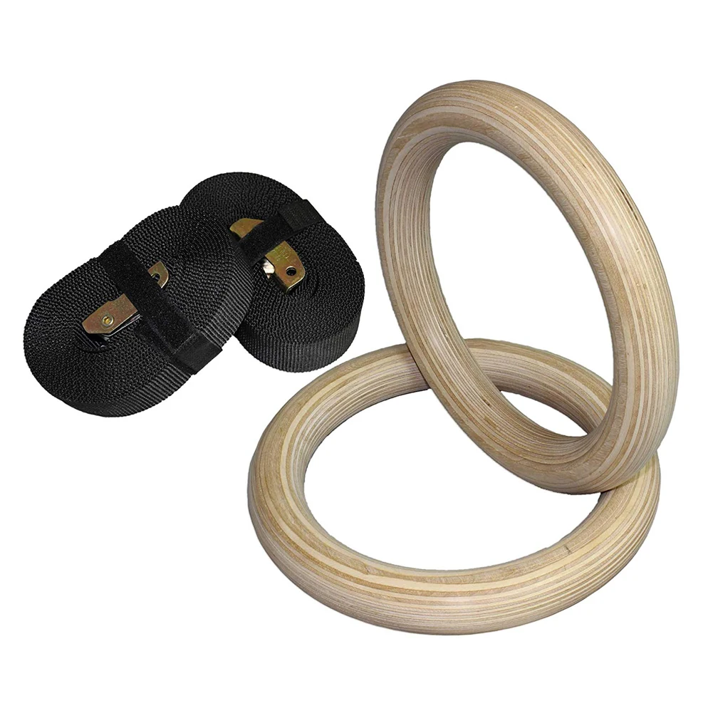 

Muscle Body Building Gymnastics Rings Set Hanging Gym Buckle Straps Indoor Pull Ups Fitness Home Adjustable Exercise Wood