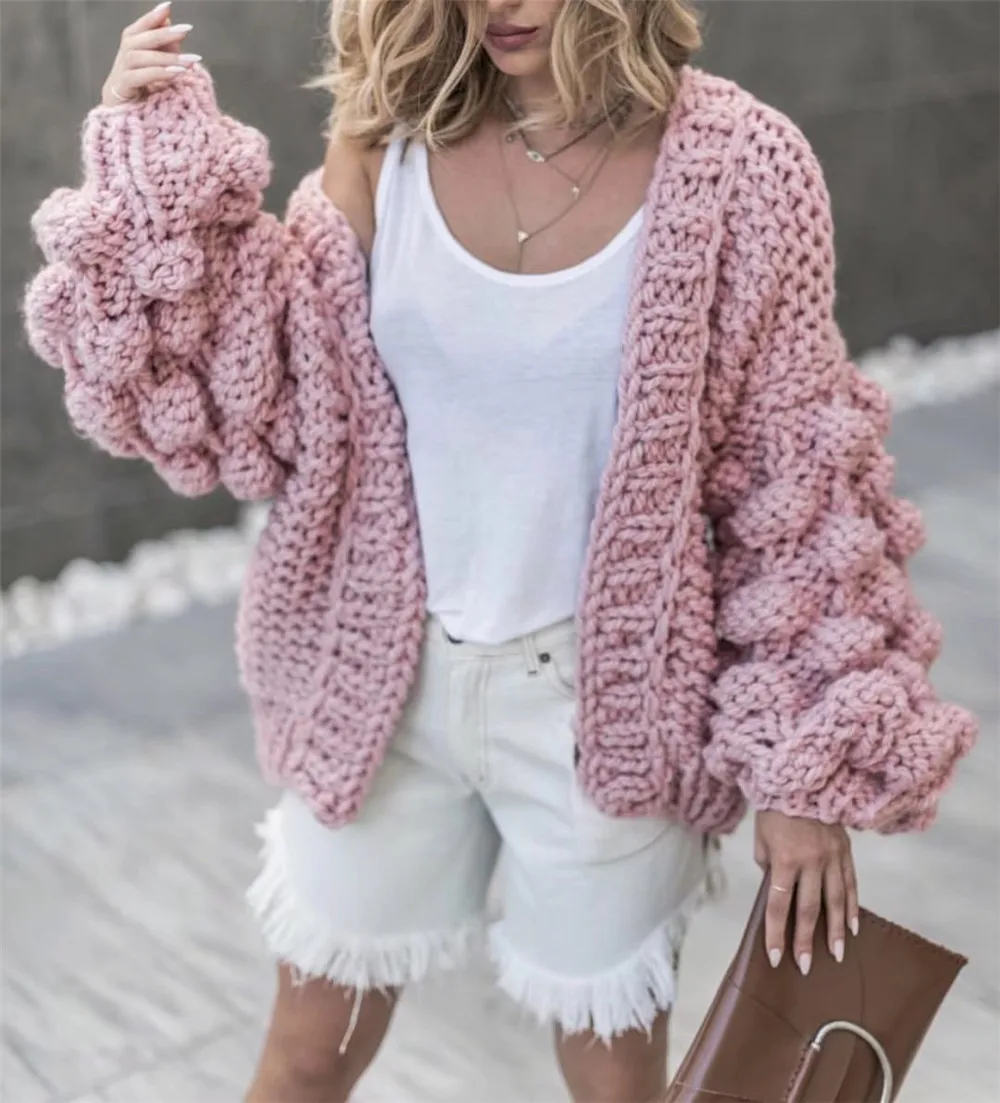

Cardigan Women Hand Woven Solid Color Lantern Sleeve Fashion Coat Streetwear Casual Female Sweater Coat