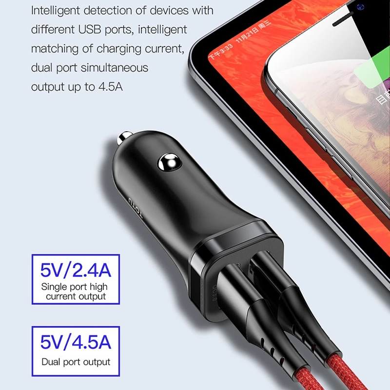 TOTU телефон usb зарядный кабель мини двойной USB Автомобильное зарядное устройство для мобильного телефона