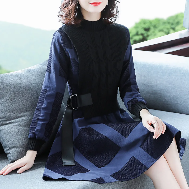 

Retro Mock Two-Piece Dress 2019 New Style Autumn And Winter Fashion Waist Hugging French Skirt Women's Elegant