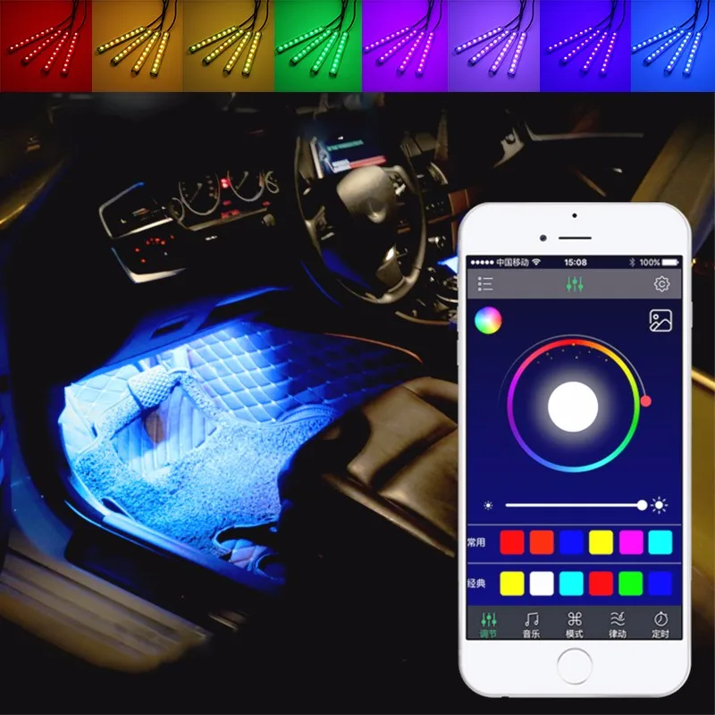 4 шт. Автомобильная RGB, 16 цветов Светодиодная лента декоративный дизайн автомобиля атмосферные лампы умный беспроводной телефон приложение управление голосовым управлением